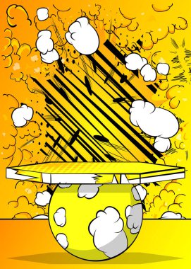 Çizgi Roman Ürün Sunumu Sahnesi. Reklam podyumu. Model sunumu için pop sanat sahnesi, sarı arkaplan.