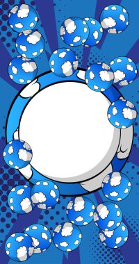 Mavi soyut arkaplanlı çizgi roman sunumu. Yazı için boş küresi olan çizgi roman posteri. Reklam alanı, retro pop sanat tarzı.