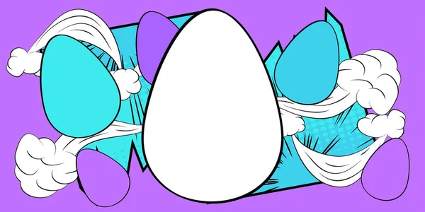 漫画青と紫の背景に空白の卵とイースターバナー 漫画抽象レトロポップアートスタイルのポスター — ストックベクタ