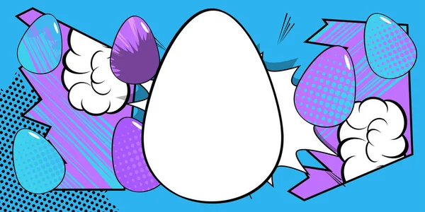 Komiks Velikonoční Prapor Prázdným Vejcem Modrém Fialovém Pozadí Komiks Abstraktní — Stockový vektor