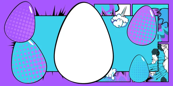 Komiks Wielkanocny Baner Pustym Jajkiem Niebieskim Fioletowym Tle Komiks Abstrakcyjny — Wektor stockowy
