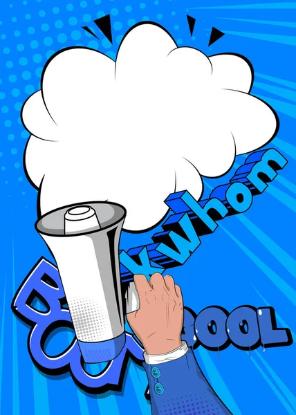 Ruka Komiksu Držící Megaphone Cartoon Ilustrace Reproduktoru Modrém Pozadí Komiksu — Stockový vektor