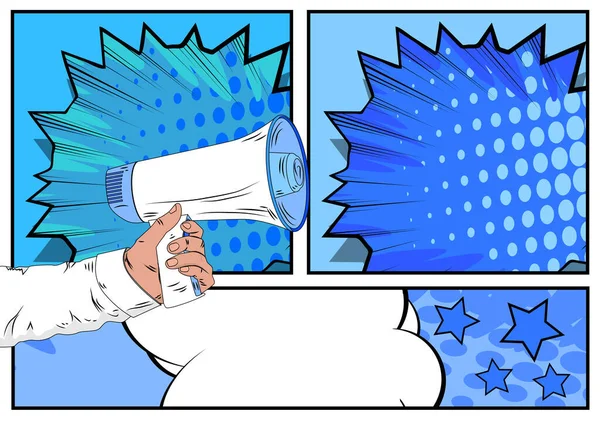 メガホンを持つ漫画本の手 青い漫画の背景にスピーカーの漫画のイラスト ポップアート発表メッセージコンセプト — ストックベクタ