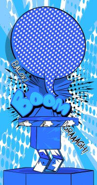 Çizgi roman mavi ürün podyumu. Sunum için Pop Art Stage. Çizgi roman sektörünün reklam geçmişi. Retro platform, pazarlama ekranı.