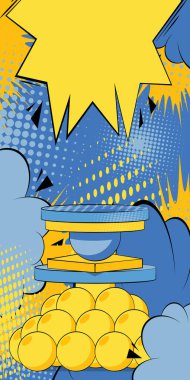 Çizgi roman sarı ve mavi ürün podyum afişi. Sunum için Pop Art Stage. Çizgi roman sektörünün reklam geçmişi. Retro platform, pazarlama görüntüleme arkaplanı.