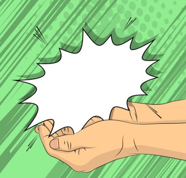 Çizgi Romancı 'nın Eli avucunda boş bir konuşma balonu tutuyor. Reklam için soyut pop sanatları yeşili arka plan. Retro poster Şablonu.