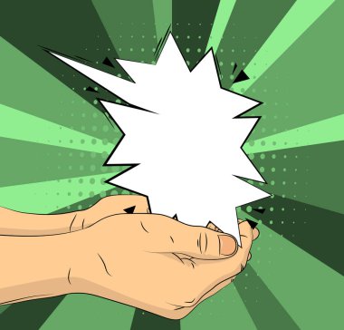 Çizgi Romancı 'nın Eli avucunda boş bir konuşma balonu tutuyor. Reklam için soyut pop sanatları yeşili arka plan. Retro poster Şablonu.