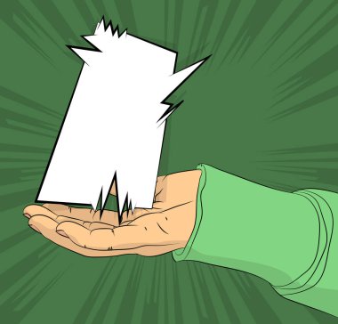 Çizgi Romancı 'nın Eli avucunda boş bir konuşma balonu tutuyor. Reklam için soyut pop sanatları yeşili arka plan. Retro poster Şablonu.