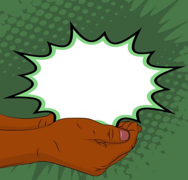 Çizgi Romancı 'nın Eli avucunda boş bir konuşma balonu tutuyor. Reklam için soyut pop sanatları yeşili arka plan. Retro poster Şablonu.