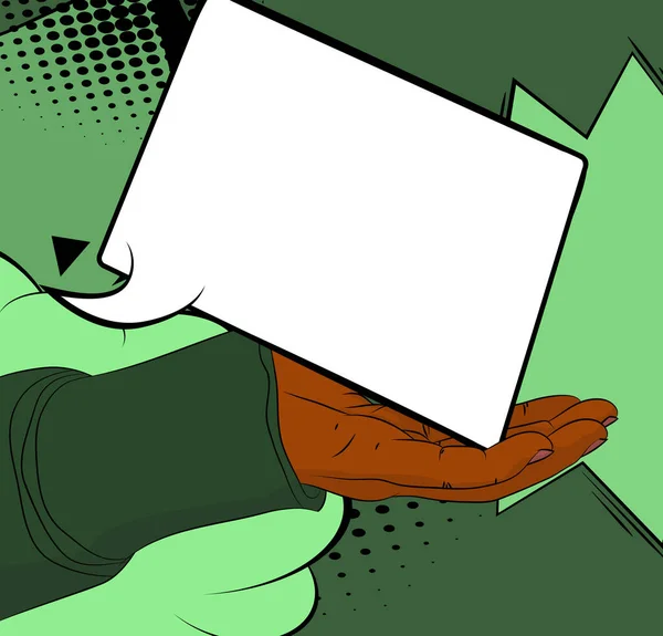 コミックブック男の手手のひらに空白のスピーチバブルを保持します 要約ポップアート広告のための緑の背景 レトロポスターテンプレート — ストックベクタ