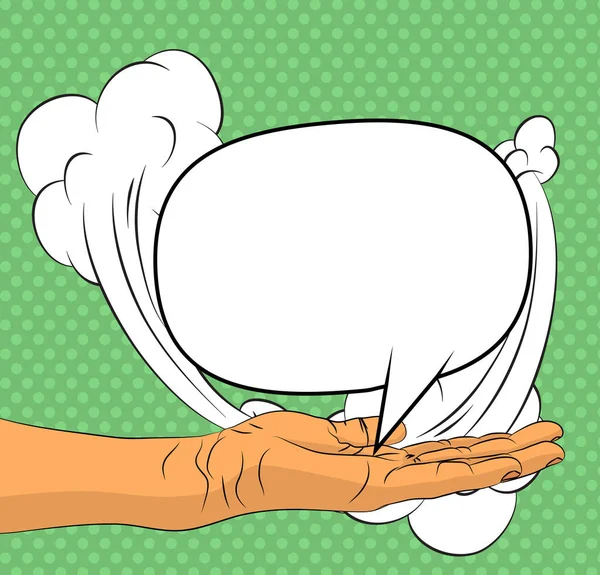 コミックブック男の手手のひらに空白のスピーチバブルを保持します 要約ポップアート広告のための緑の背景 レトロポスターテンプレート — ストックベクタ
