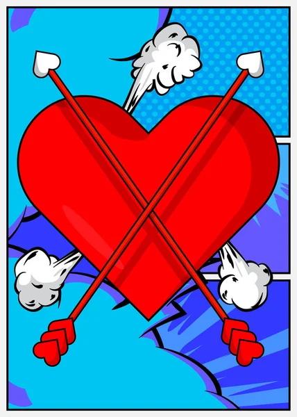 Caricatura Corazón Flecha Signo Explosión Cómic Fondo Del Día San — Vector de stock