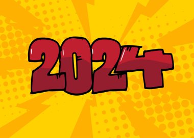 Çizgi film 2024 patlama işareti, çizgi roman yeni yılı. Retro vektör çizgi romanları pop sanat tasarımı.