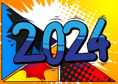 Çizgi film 2024 patlama işareti, çizgi roman yeni yılı. Retro vektör çizgi romanları pop sanat tasarımı.