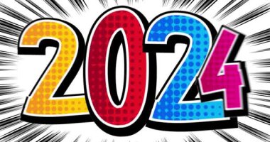 2024 numaralı çizgi film, çizgi roman yeni yıl videosu. Retro çizgi roman pop sanat tasarımı animasyonu.