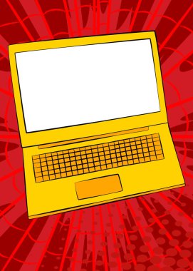 Çizgi film boş dizüstü bilgisayar, çizgi roman defteri. Retro vektör çizgi romanları pop sanat tasarımı.