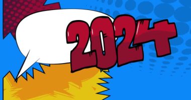 2024 numaralı çizgi film, boş konuşma balonu, çizgi roman yeni yıl videosu. Retro çizgi roman pop sanat animasyonu.