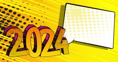 2024 numaralı çizgi film, boş konuşma balonu, çizgi roman yeni yıl videosu. Retro çizgi roman pop sanat animasyonu.