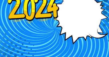 2024 numaralı çizgi film, boş konuşma balonu, çizgi roman yeni yıl videosu. Retro çizgi roman pop sanat animasyonu.