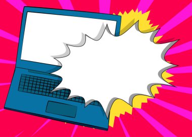 Boş konuşma balonlu çizgi film laptopu, çizgi roman arkaplanı Not Defteri. Retro vektör çizgi romanları pop sanat tasarımı.