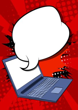 Boş konuşma balonlu çizgi film laptopu, çizgi roman arkaplanı Not Defteri. Retro vektör çizgi romanları pop sanat tasarımı.