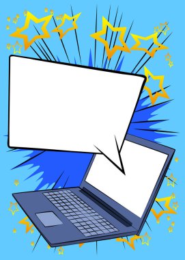 Boş konuşma balonlu çizgi film laptopu, çizgi roman arkaplanı Not Defteri. Retro vektör çizgi romanları pop sanat tasarımı.