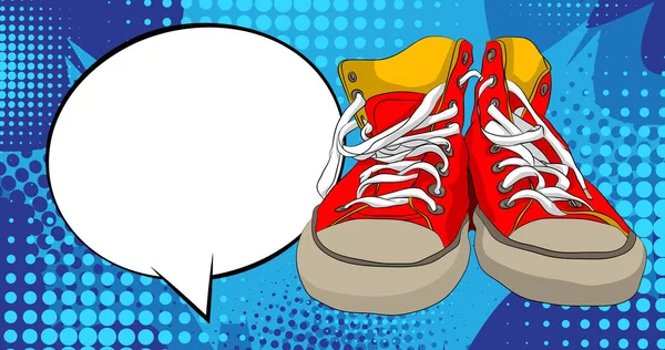 Cartoon Vintage Sneakers Blank Speech Bubble Comic Book Trainers Shoe — Stock Vector