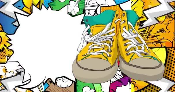 Desenhos Animados Vintage Sneakers Com Bolha Fala Branco Quadrinhos Trainers — Vídeo de Stock