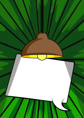 Boş konuşma balonlu karikatür kolyesi elektrikli lamba, çizgi roman aydınlatma ekipmanı arka planı. Retro vektör çizgi romanları pop sanat tasarımı.