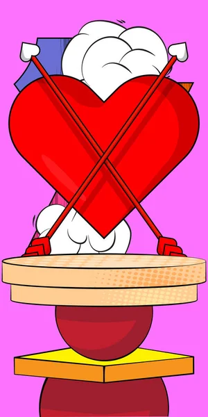 アローハートによるモックアッププレゼンテーションのためのコミックブック製品表彰段階 レトロコミックバレンタインデーシンボルの背景 — ストックベクタ