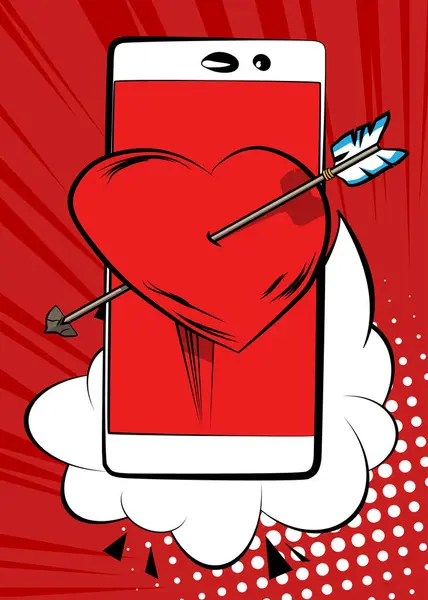 Smartphone Dos Desenhos Animados Banda Desenhada Telefone Com Arrow Heart — Vetor de Stock