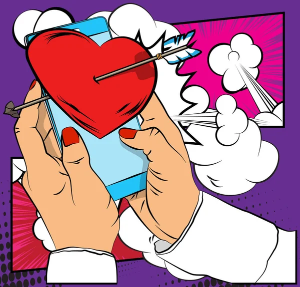 Cartoon Smartphone Comic Book Telephone Arrow Heart Retro Vector Comics — Stock Vector