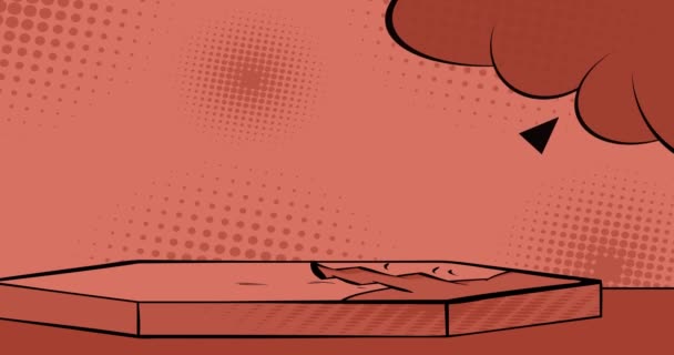 アニメーションコミックブック製品表彰台ステージ オレンジ レトロポップアートヴィンテージのバックグラウンドビデオの中型光の色合いのモックアッププレゼンテーションのための漫画 — ストック動画