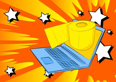 Çizgi dizüstü bilgisayar tuvalet kağıdı, çizgi roman hijyen aksesuarı. Retro vektör çizgi romanları pop sanat tasarımı.