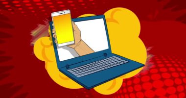 Çizgi film Smartphone, dizüstü bilgisayarlı çizgi roman telefonu. Retro animasyon, çizgi roman pop sanat videosu.