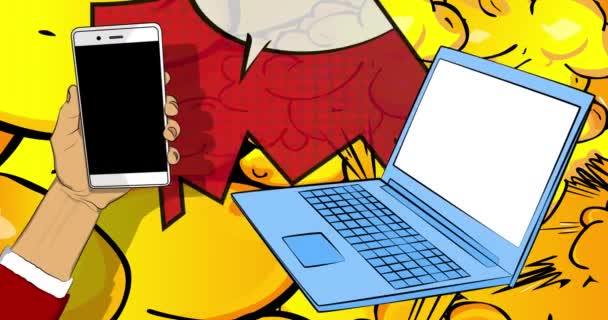 Kreskówkowy Smartfon Komiks Telefon Laptopem Retro Animacja Komiksy Pop Art — Wideo stockowe