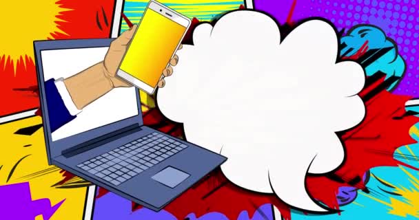 Cartoon Smart Phone Και Laptop Λευκή Φούσκα Ομιλίας Comic Book — Αρχείο Βίντεο