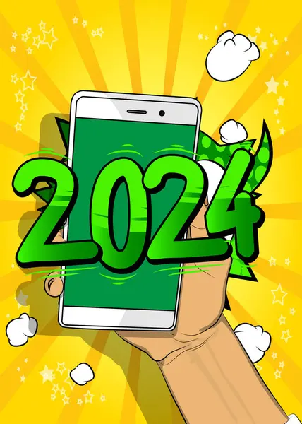 Smartphone Dibujos Animados Cómic Teléfono Con Número 2024 Diseño Arte — Vector de stock