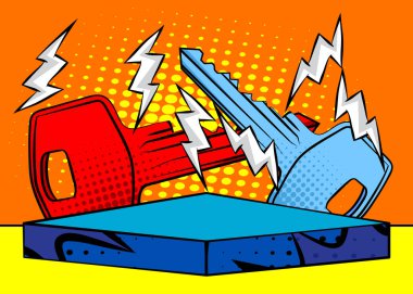 Çizgi roman ürünleri podyumu sunumu için anahtar. Retro çizgi roman arkaplanı.