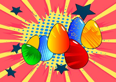 Karikatür Paskalya yumurtaları, çizgi roman festivali geçmişi. Retro vektör çizgi romanları pop sanat tasarımı.
