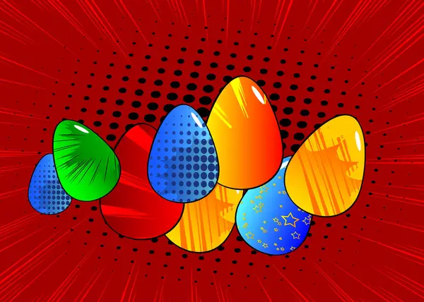 Cartoon Easter Eggs Comic Book Festive Background Retro Vector Comics — Stock Vector