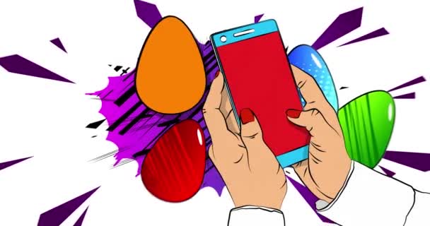 Smartphone Dibujos Animados Cómic Teléfono Con Huevos Pascua Animación Retro — Vídeos de Stock