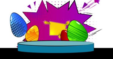 Comic Book Product sahne animasyonu Paskalya yumurtalarını tanıtmak için. Retro çizgi roman arkaplan videosu.