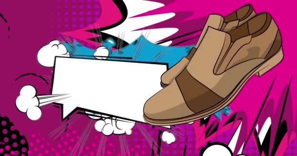 空白のスピーチバブル コミックブックレザーフットウェアのビデオと漫画エレガントな靴 レトロコミックポップアートアニメーション — ストック動画