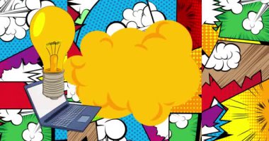 Çizgi dizüstü bilgisayar, ampullü çizgi roman defteri. Retro çizgi roman pop sanat animasyonu.