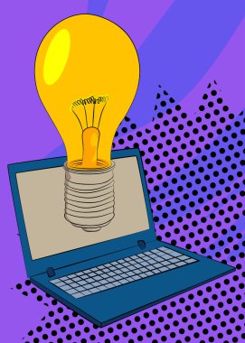 Çizgi dizüstü bilgisayar, ampullü çizgi roman defteri. Retro vektör çizgi romanları pop sanat tasarımı.