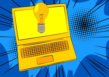 Çizgi dizüstü bilgisayar, ampullü çizgi roman defteri. Retro vektör çizgi romanları pop sanat tasarımı.