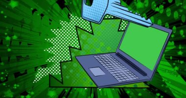 Çizgi dizüstü bilgisayar, anahtarlı çizgi roman defteri. Retro çizgi roman pop sanat animasyonu.