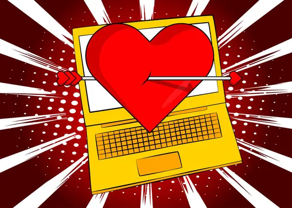 Çizgi Dizüstü Bilgisayar Kalpli Çizgi Roman Defteri Sevgililer Günü Sembolü — Stok Vektör