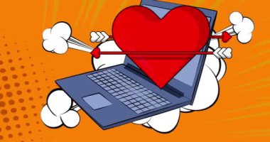 Çizgi dizüstü bilgisayar, Heart 'la çizgi roman defteri. Retro çizgi roman pop sanat animasyonu.